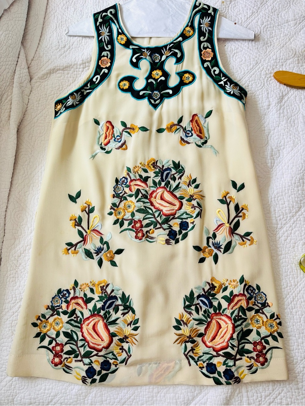 French Connection Cream Mini Dress with Multicolor Floral Embroidery